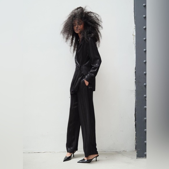 NWT Zara Black Jacquard Striped Wide-leg Pants XL - Picture 5 of 5